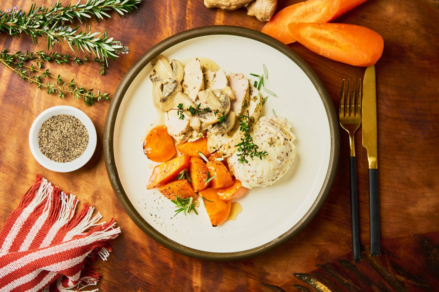 Thyme roast chicken with creamy mushroom sauce