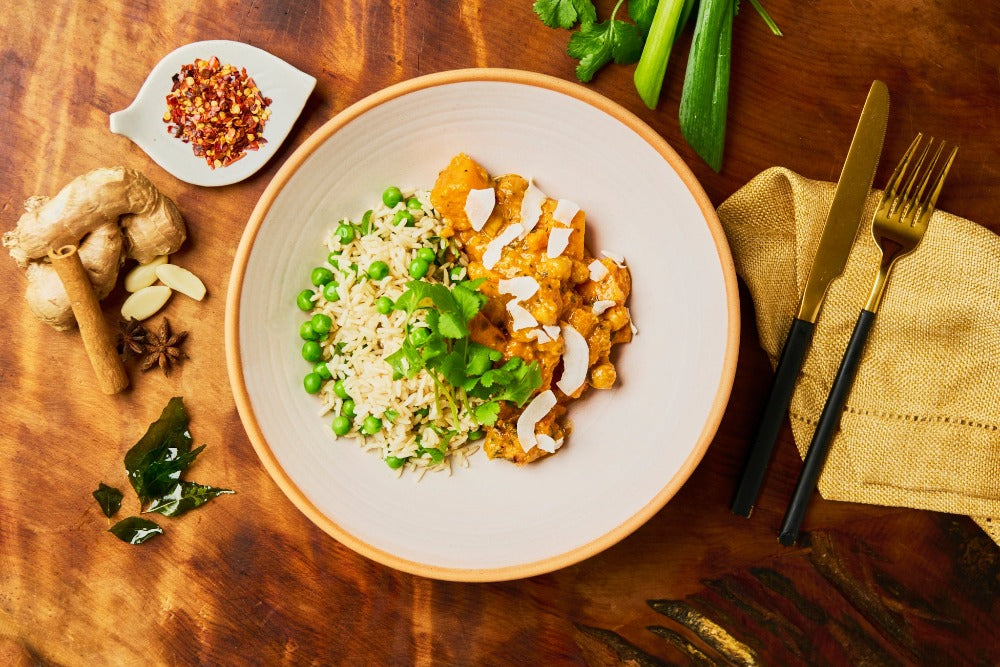 Makhani chickpea, pumpkin curry, rice pilaf