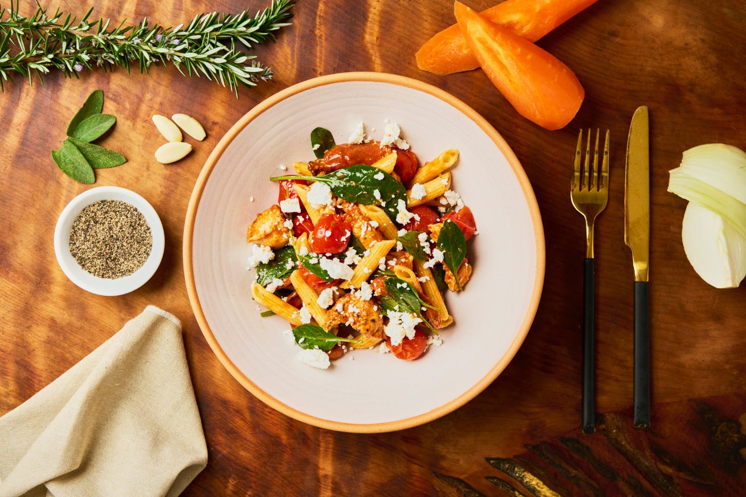 Spicy chicken and chorizo penne pasta with crumbled feta