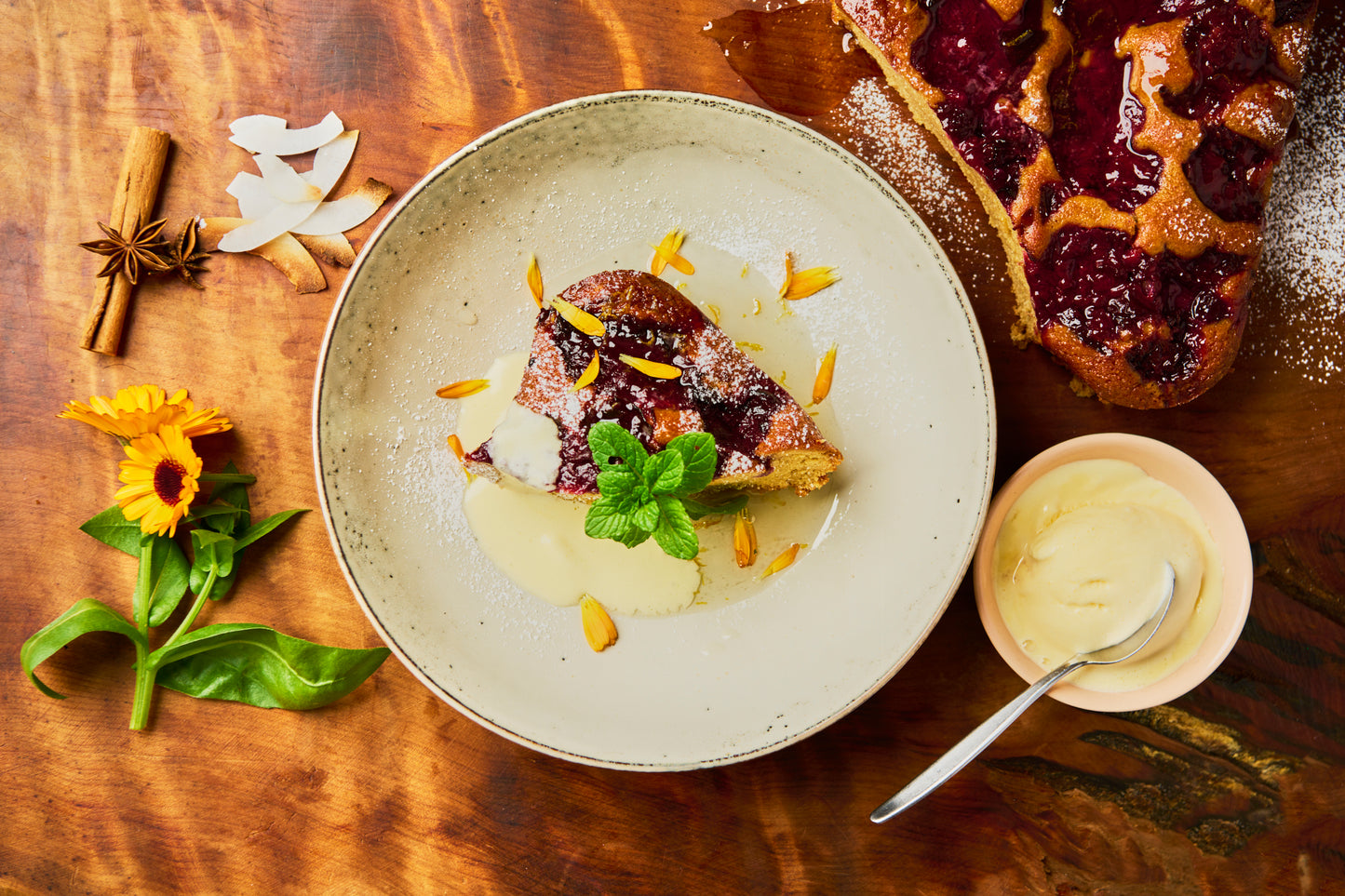 Black doris plum and almond pudding