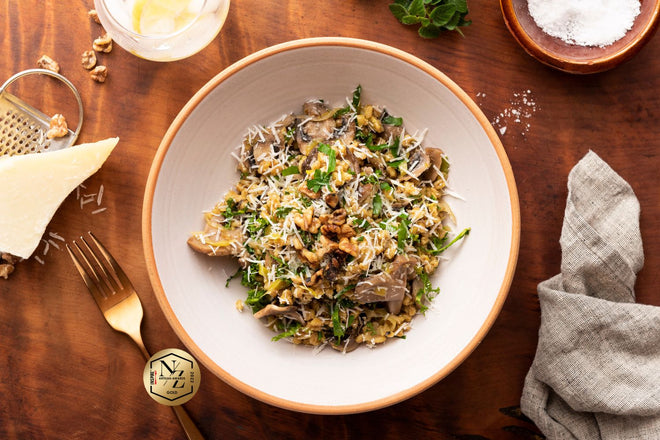 Creamy mushroom and leek farro risotto